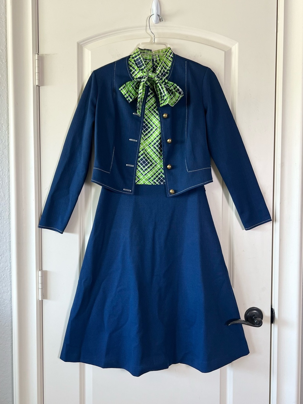 Vintage 70s Skirt Suit Set Navy Blue Cropped Jacket Geometric Bow Midi Dress